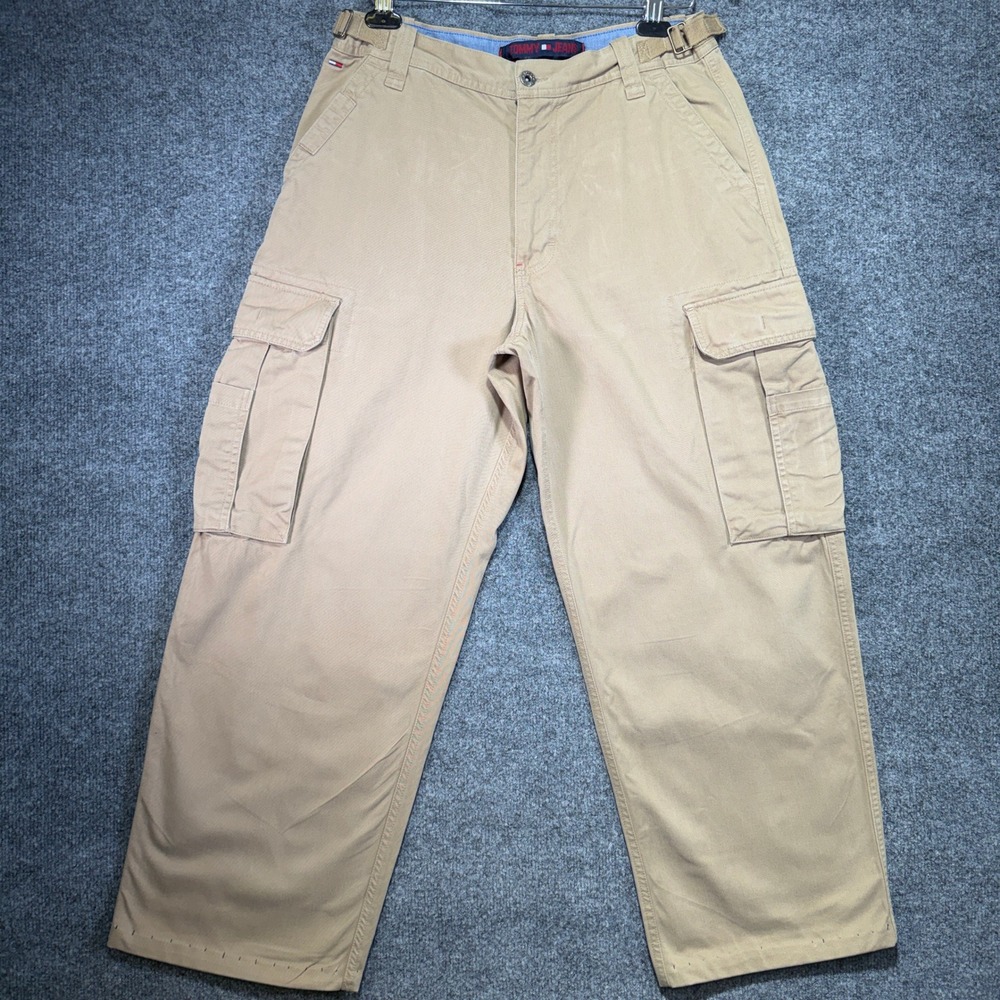 Tommy Jeans Cargo Pants Mens 32x30 Khaki Wide Utility Buckle Waist Vintage Y2K